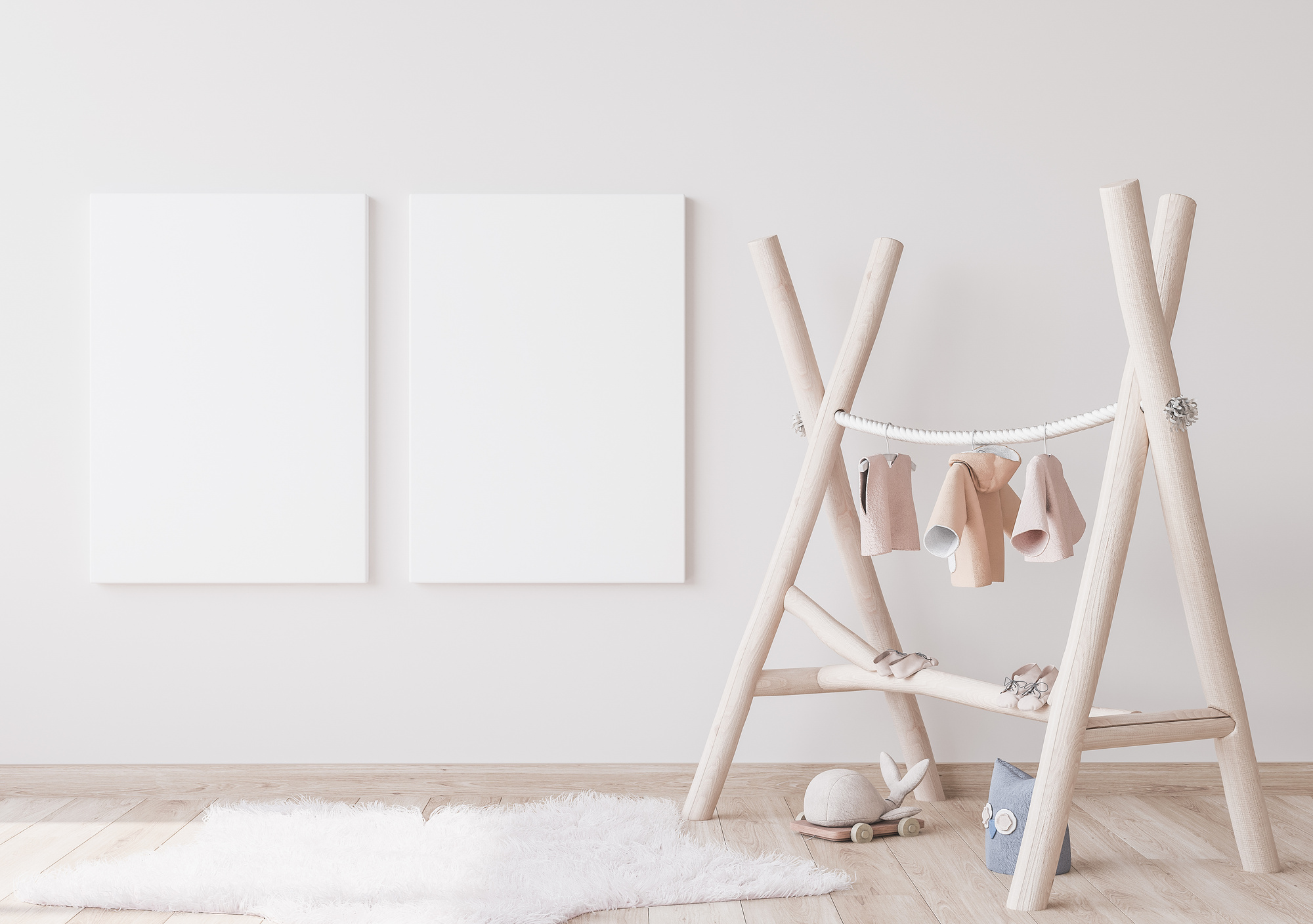 Natural wooden furniture for kids room in Scandinavian interior style, mock up frame in bright child room. Stock photo